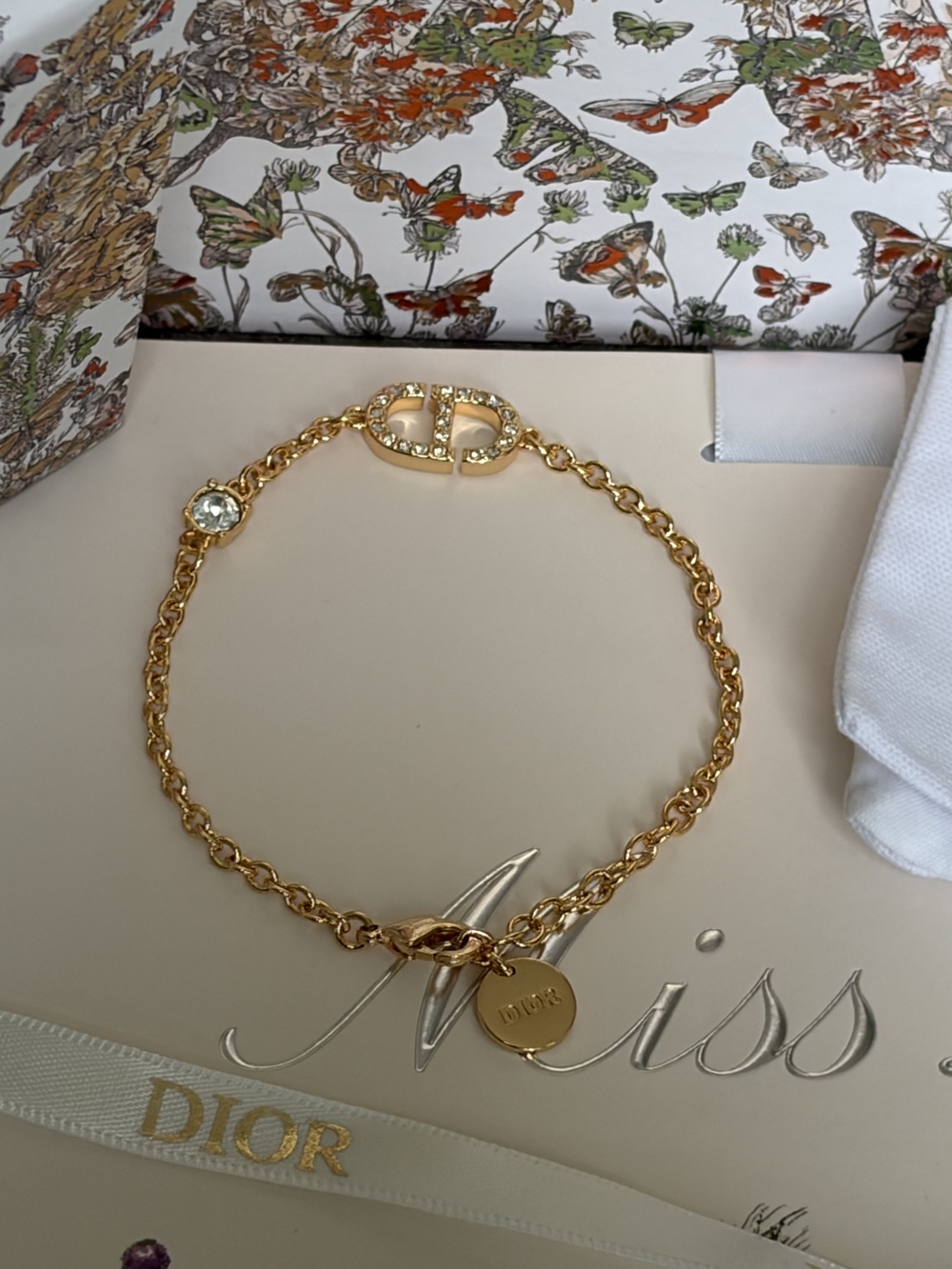 Dior Gold-Tone Chain Bracelet with Crystal Accent